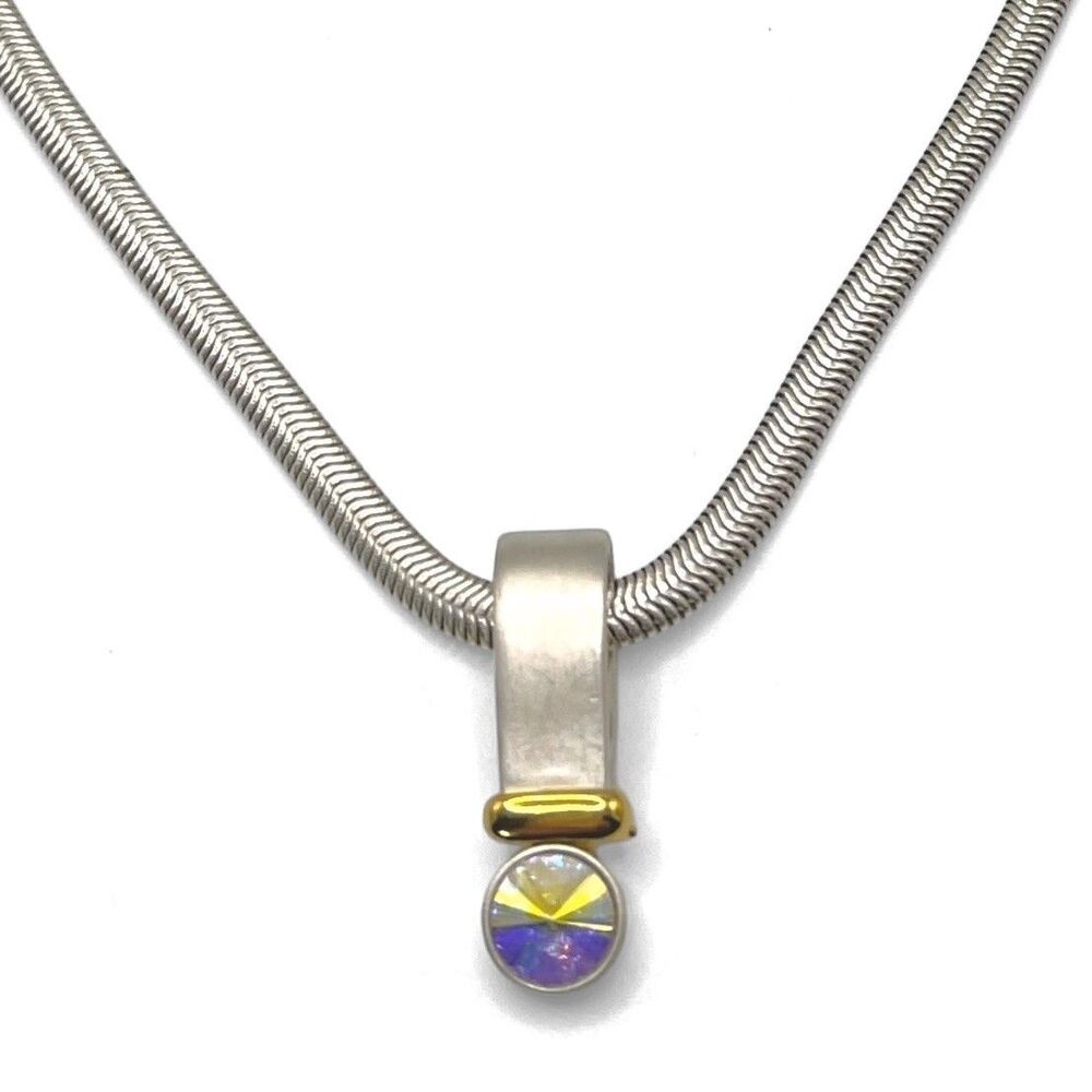 Premier Design Aurora Borealis Pendant Necklace Silver Tone Snake Chain Rivoli